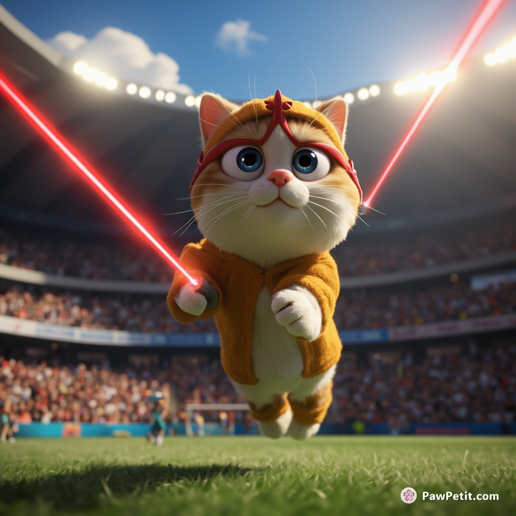 A cat mistaken for a hero after chasing a laser pointer through a crowded sports stadium, now praised for "defying gravity.