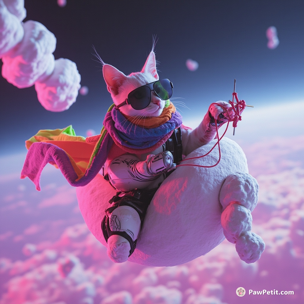 Cyborg cat knitting a rainbow scarf while balancing on a giant marshmallow in zero gravity.