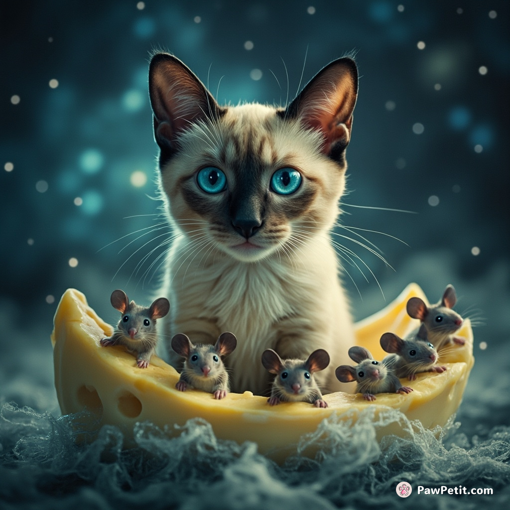A Siamese cat commandeer of a ghost ship made of moon cheese, howling orders at an eager crew of spectral mice during a glittering starstorm.
