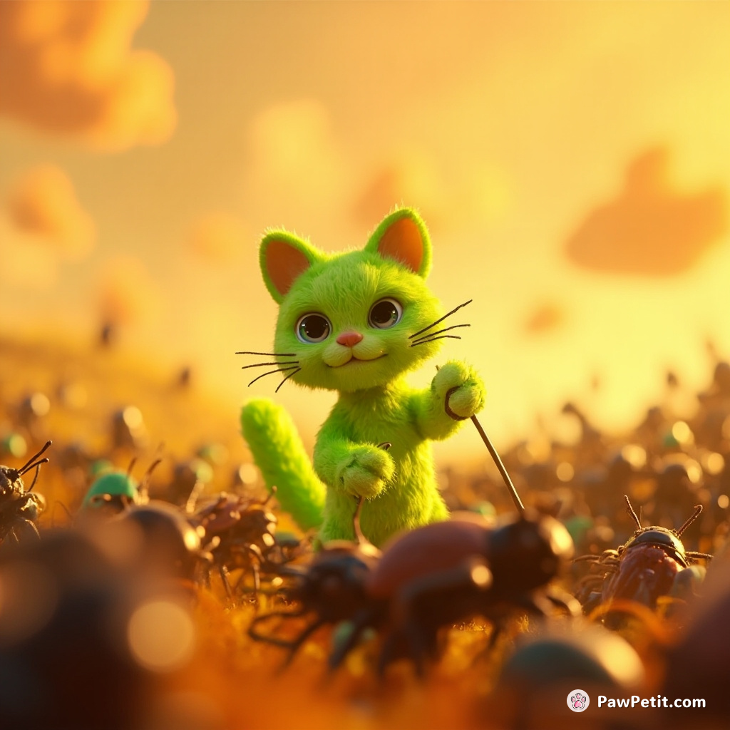 A fluorescent green cat conducting a symphony orchestra of beetles under a butter-soft, tangerine sky.