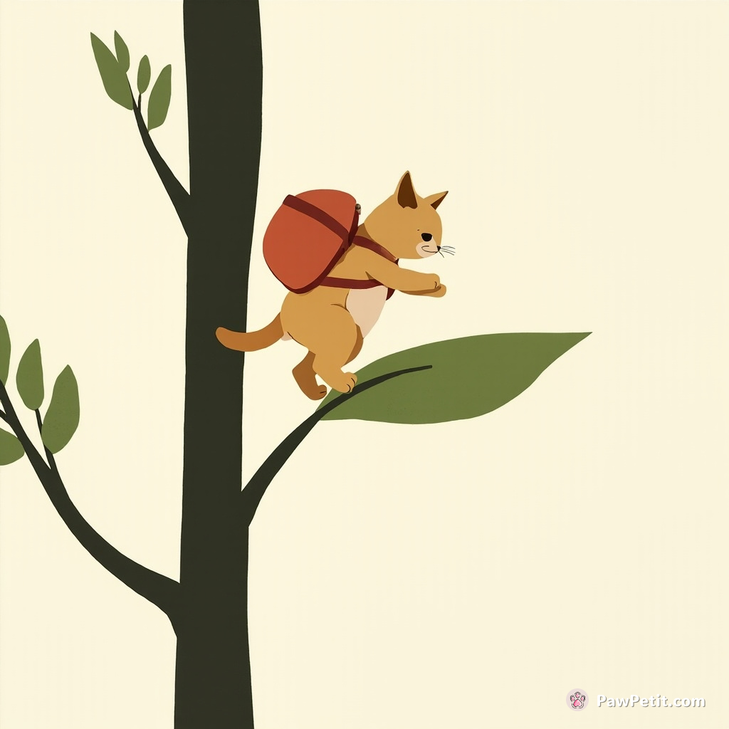 A cat dons a tiny backpack, scales a tree, and "surfs" down on a leaf like a pro snowboarder.