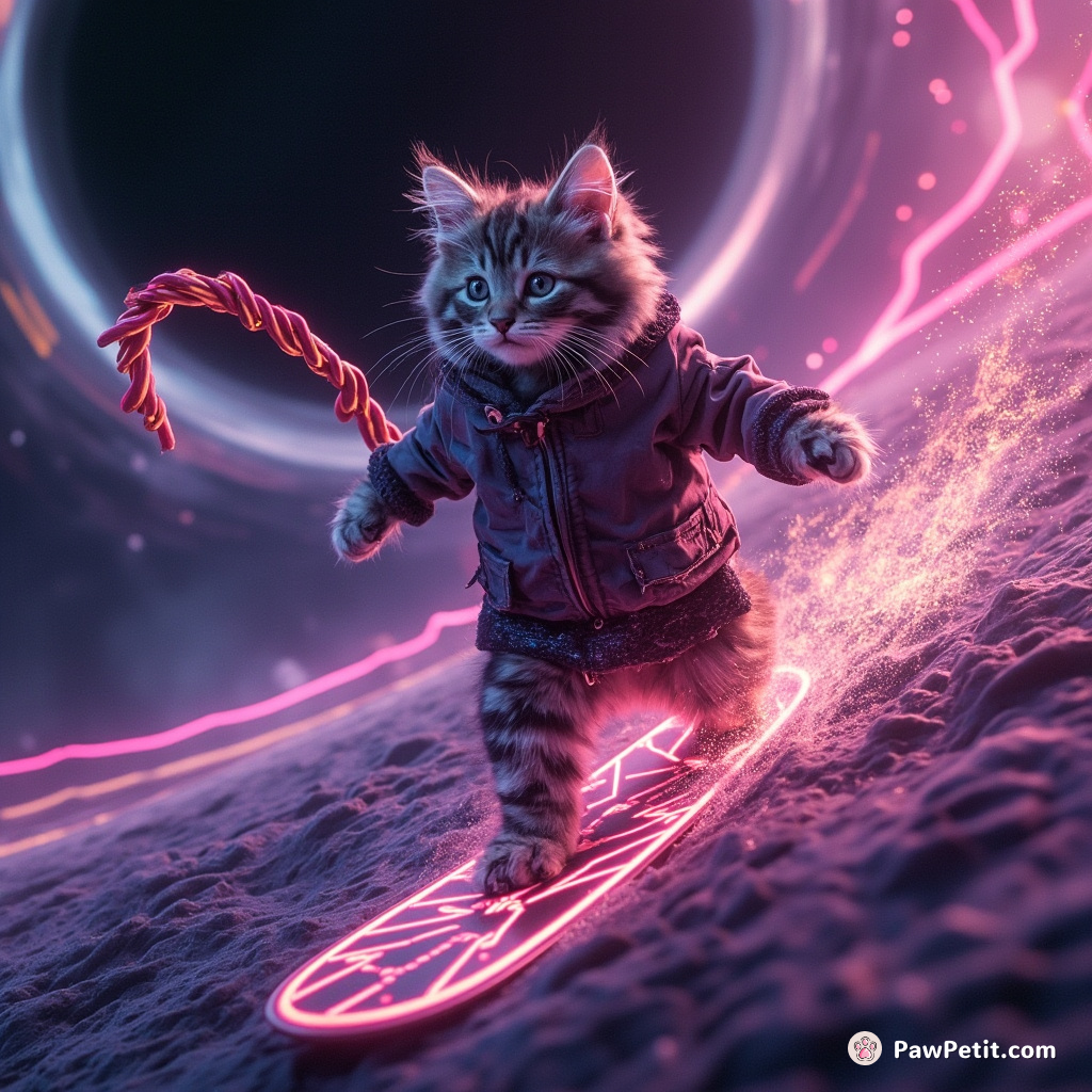 A cosmic kitten surfboarding on spaghettified quantum waves in the vicinity of a black hole.