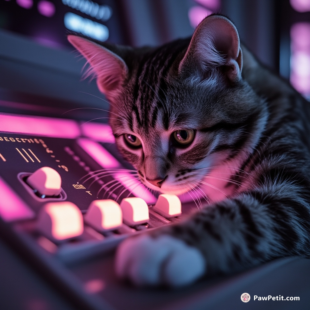 Whiskers twitching, the cat deftly swipes at a glowing console, triggering a starship's emergency warp sequence.