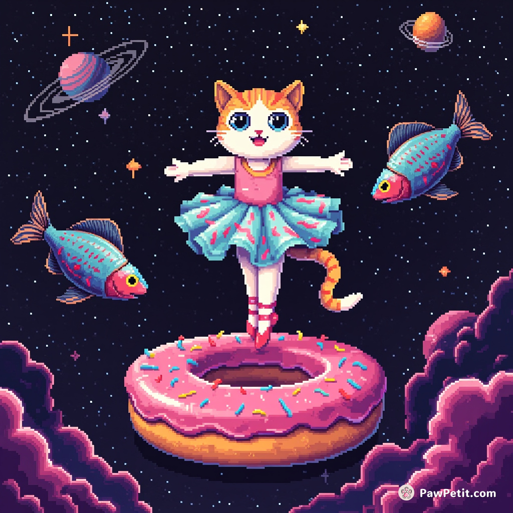A cat performing a ballet on top of a floating donut in space with giant neon fish swim around her.