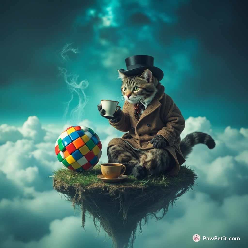 A cat in Victorian attire sipping tea on a floating, cerulean island against a nebula backdrop while pondering over a spherical Rubik's cube.