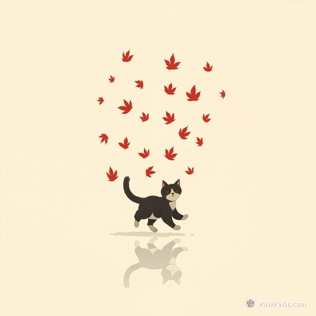 Scarlet leaves whirl, cat twirling madly chasing each fluttering fall: supreme chaos mirroring human enjoyment of an autumn day.
