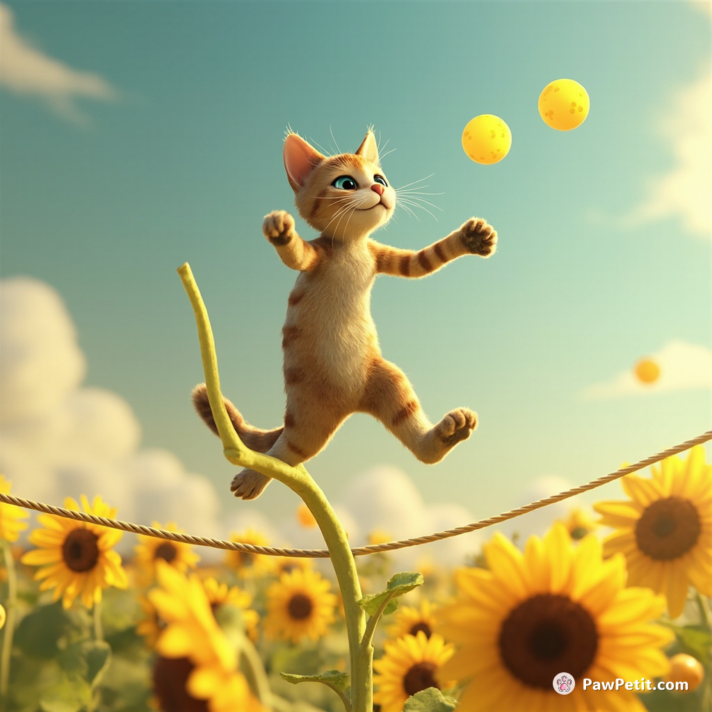 Cat tightrope walking across a sunflower stem, juggling miniature moons.