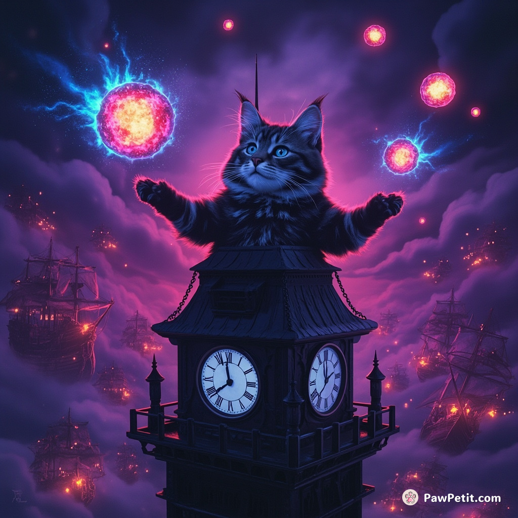 A tabby cat, juggling glowing galaxy orbs, standing on top of an onion-domed clock tower in the midst of a ghost pirate invasion.