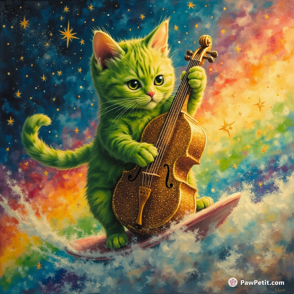 A lime green cat surfing on a rainbow while playing a dazzling cello made of stardust.
