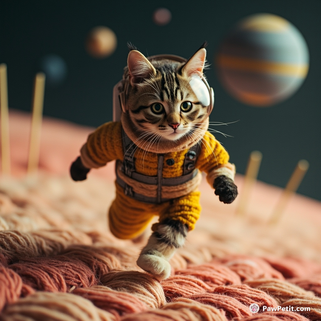 A tabby cat agility course runner in a retro space suit, on a ringed planet made entirely of knitting wool.
