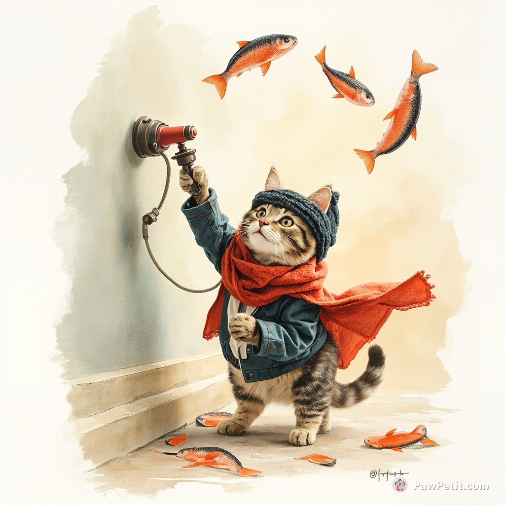 Foiled bank robbery as a cat flips the alarm switch, juggling purloined salmon in skilled paw precision.