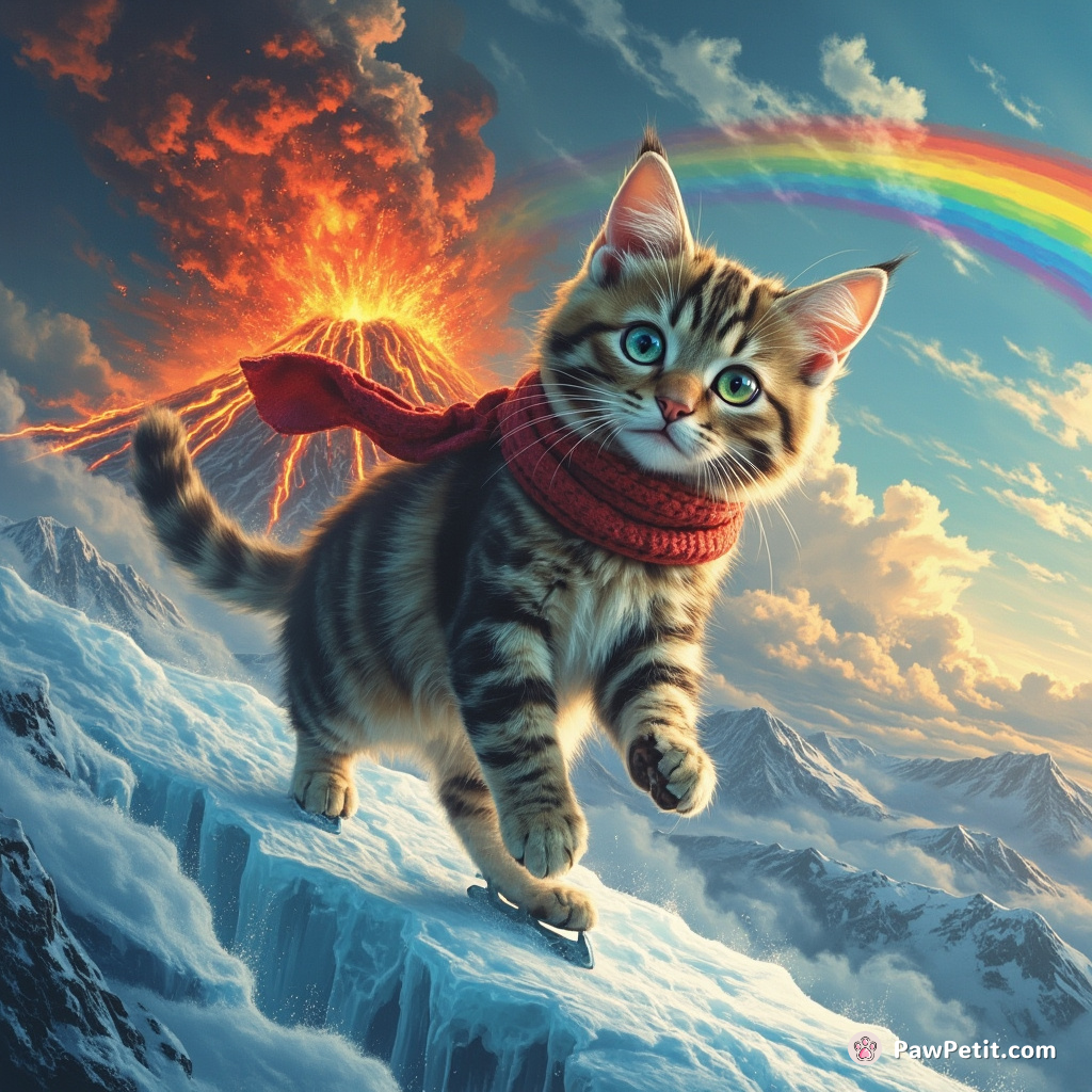 A three-eyed cat elegantly ice-skating on a frozen rainbow above an erupting volcano.