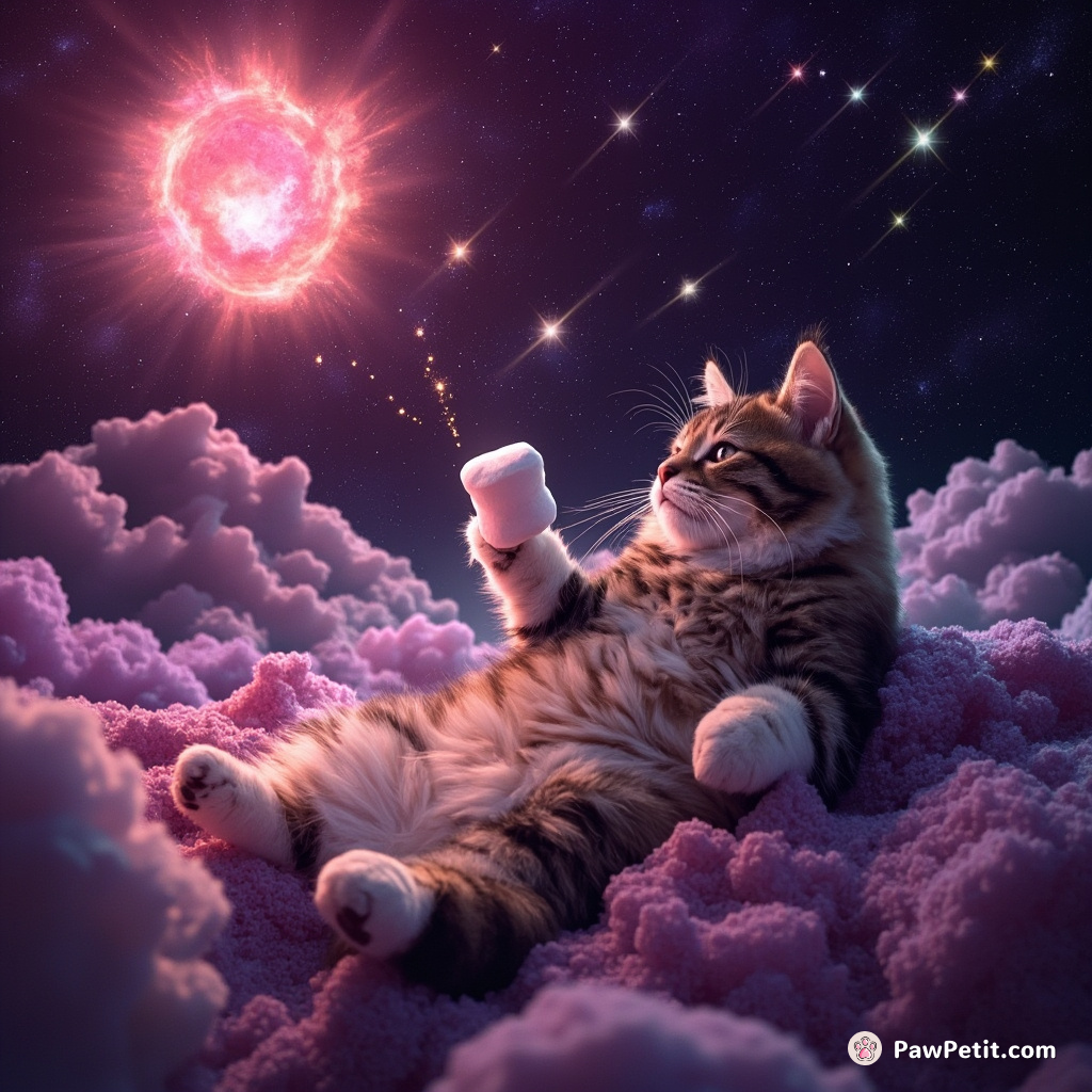 A cosmic cat lazily swatting away shooting stars while toasting marshmallows over a supernova.