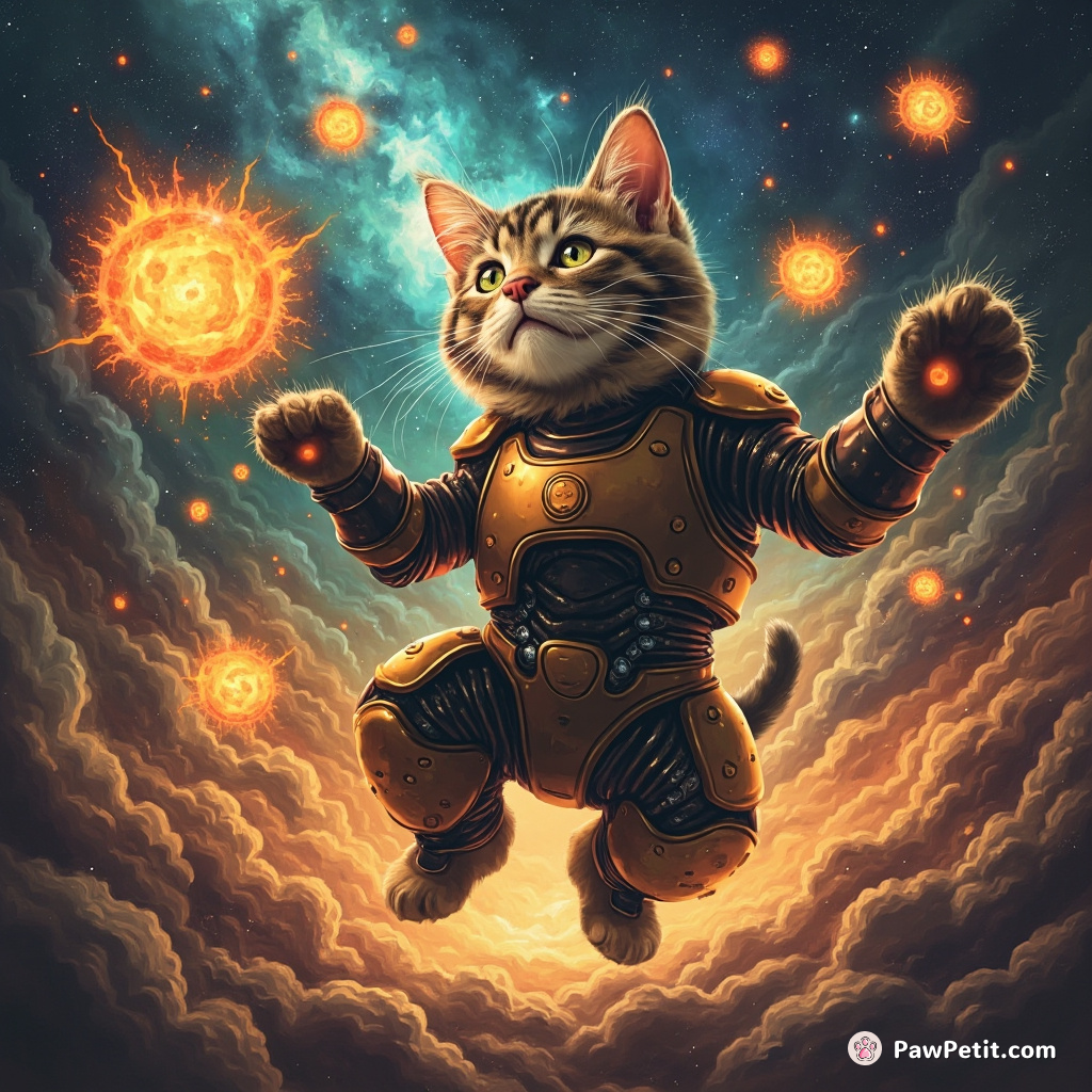 Cyborg cat juggling mini exploding suns amidst galaxy vortex turbulence.