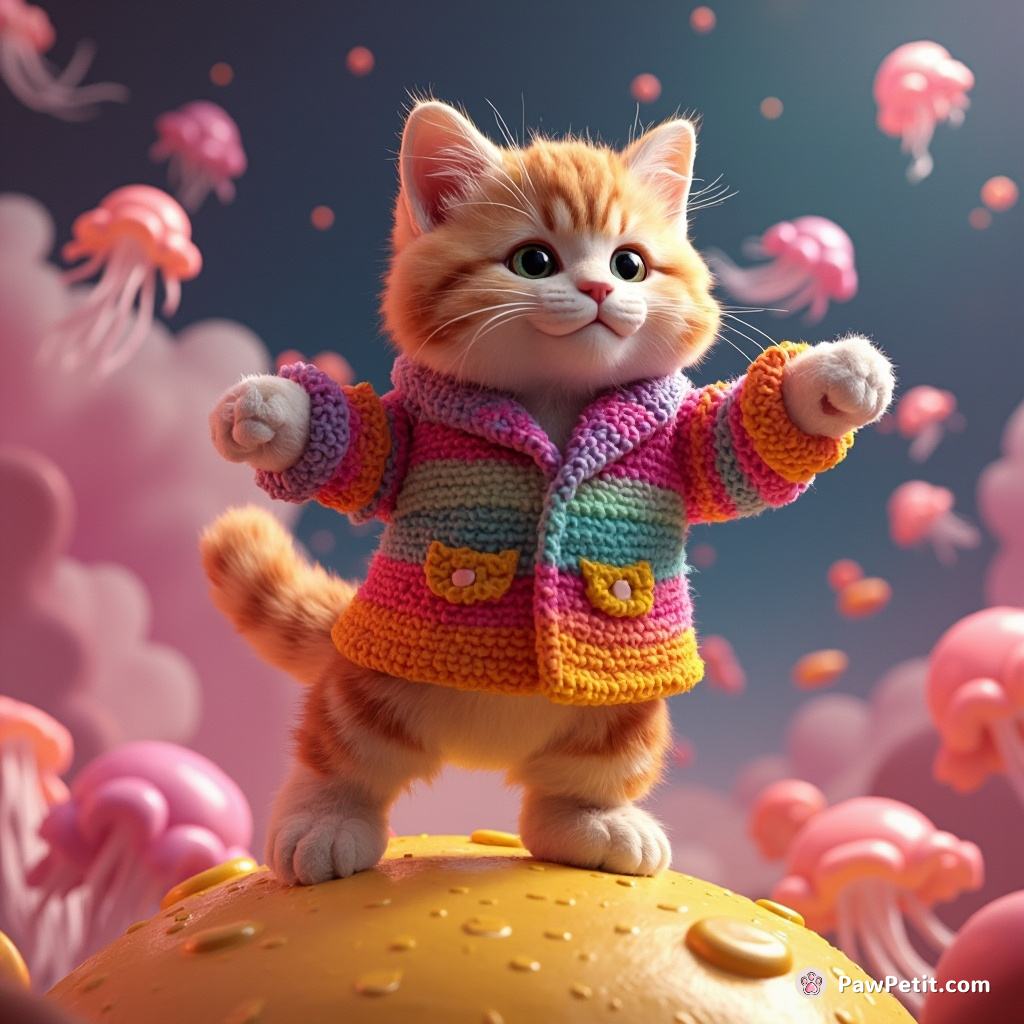 A cat wearing a technicolor dreamcoat dancing the Macarena with jellyfish on Pluto.