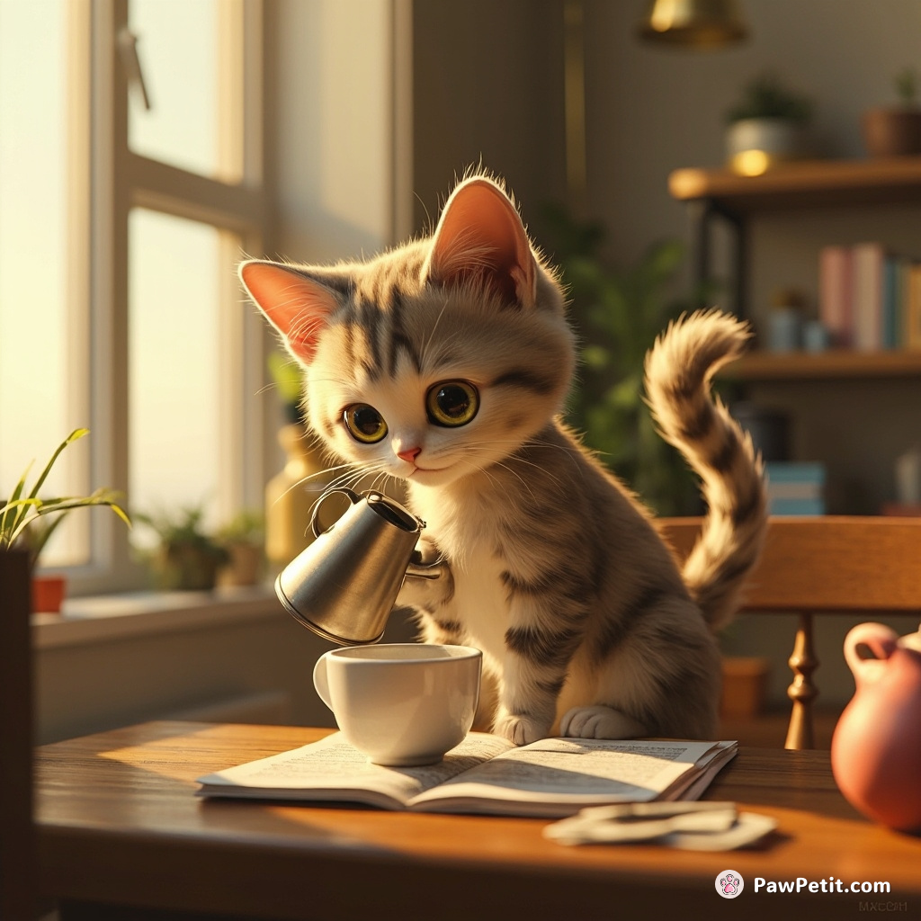 A prim feline, diligently brewing morning coffee with a gentle swish of her tail; trading mice-chasing for the Times.