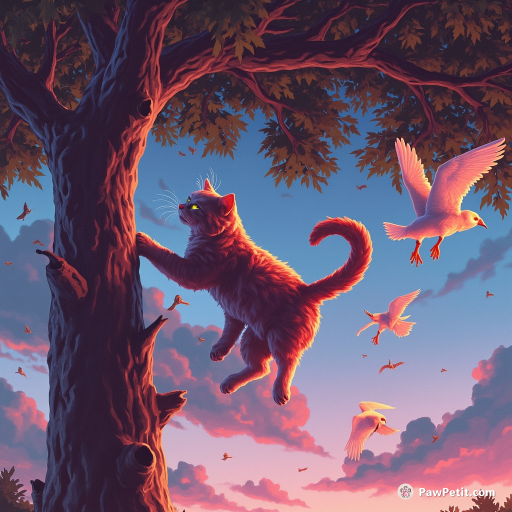 The cat savagely climbs a tree, scampering agilely after local birds in thrilling aerial chase.