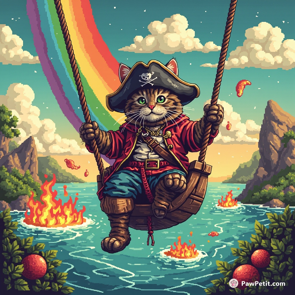 Pirate cat with wooden leg, swinging from a rainbow made of fish, toward islands floating in flaming lemonade.