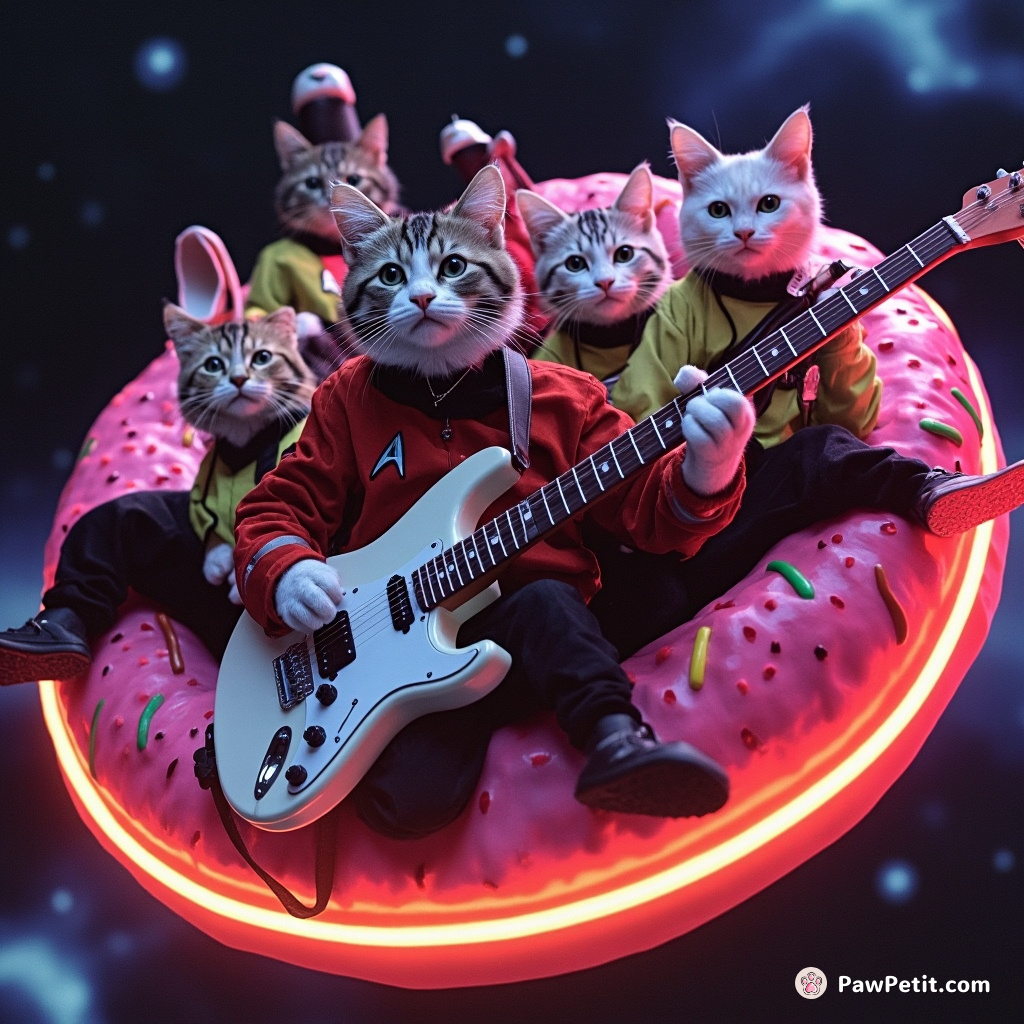 A band of cats wearing Star Trek uniforms playing white and red electric guitars on a neon doughnut in the outer space.