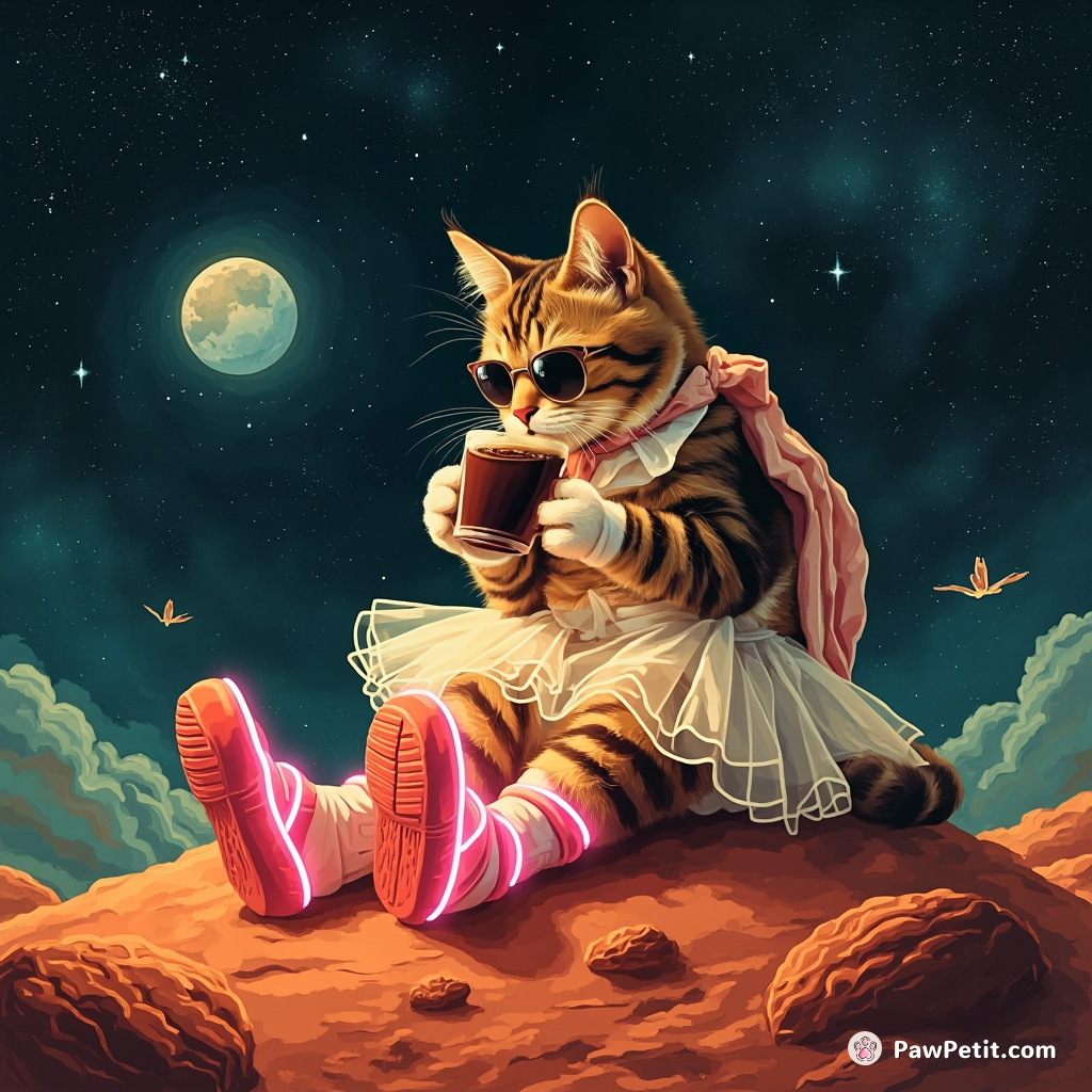 A cat drinking espresso on Mars while wearing neon ballet shoes.