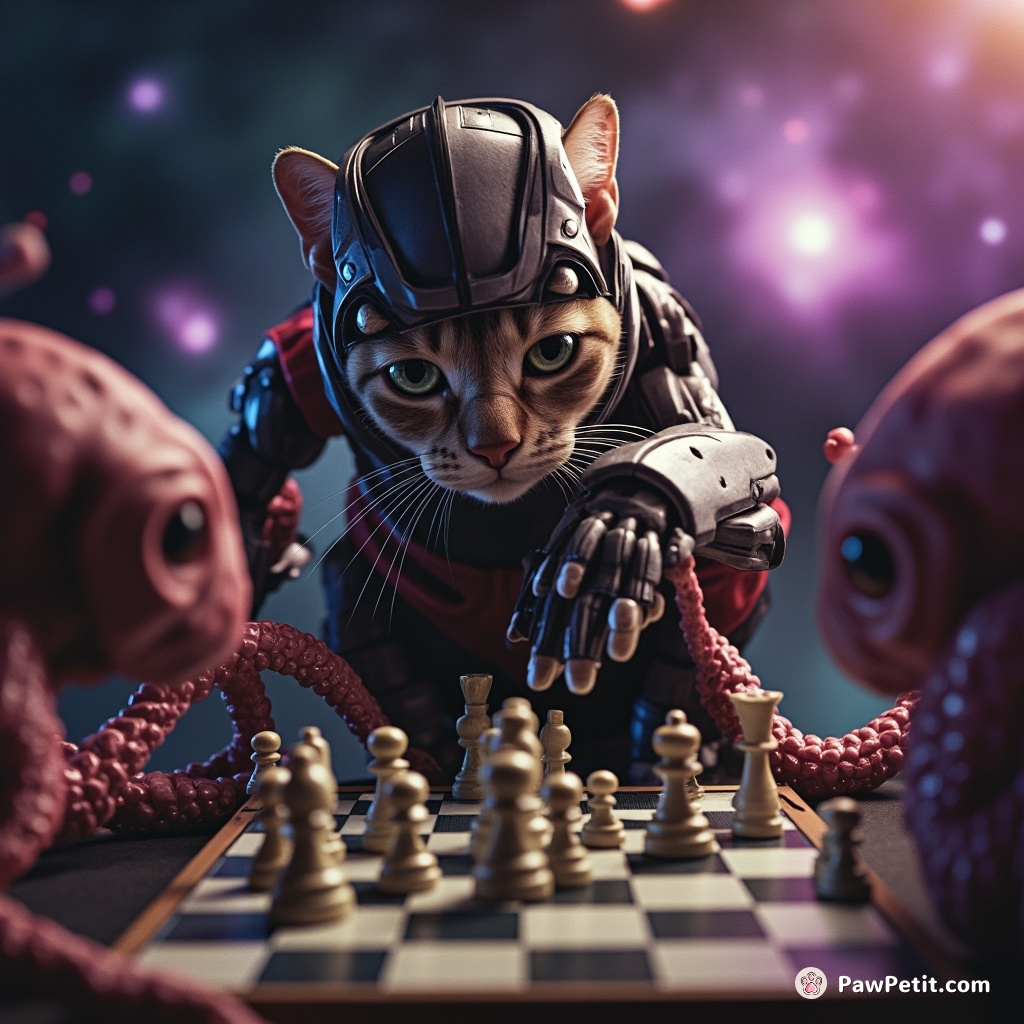 Cyborg cat playing intergalactic space chess with octopus aliens.
