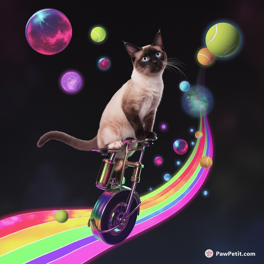 A Siamese cat riding a mechanical unicycle on a rainbow string moving through space, juggling nebula-infused tennis balls.