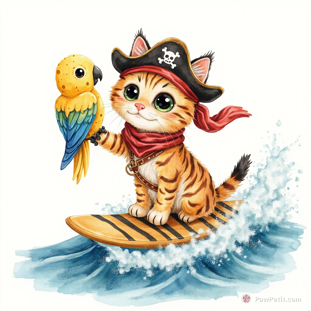 A one-eyed pirate cat surfing on tiger-patterned waves with a parrot made of cheese on its shoulder.
