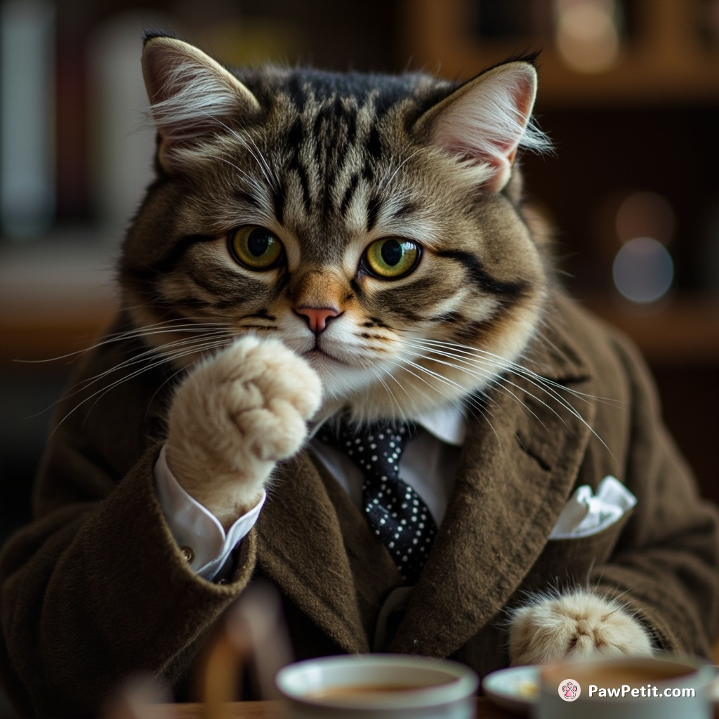 The cat, in a three-piece suit, solemnly sips tea with a pinky raised, as if in deep contemplation.