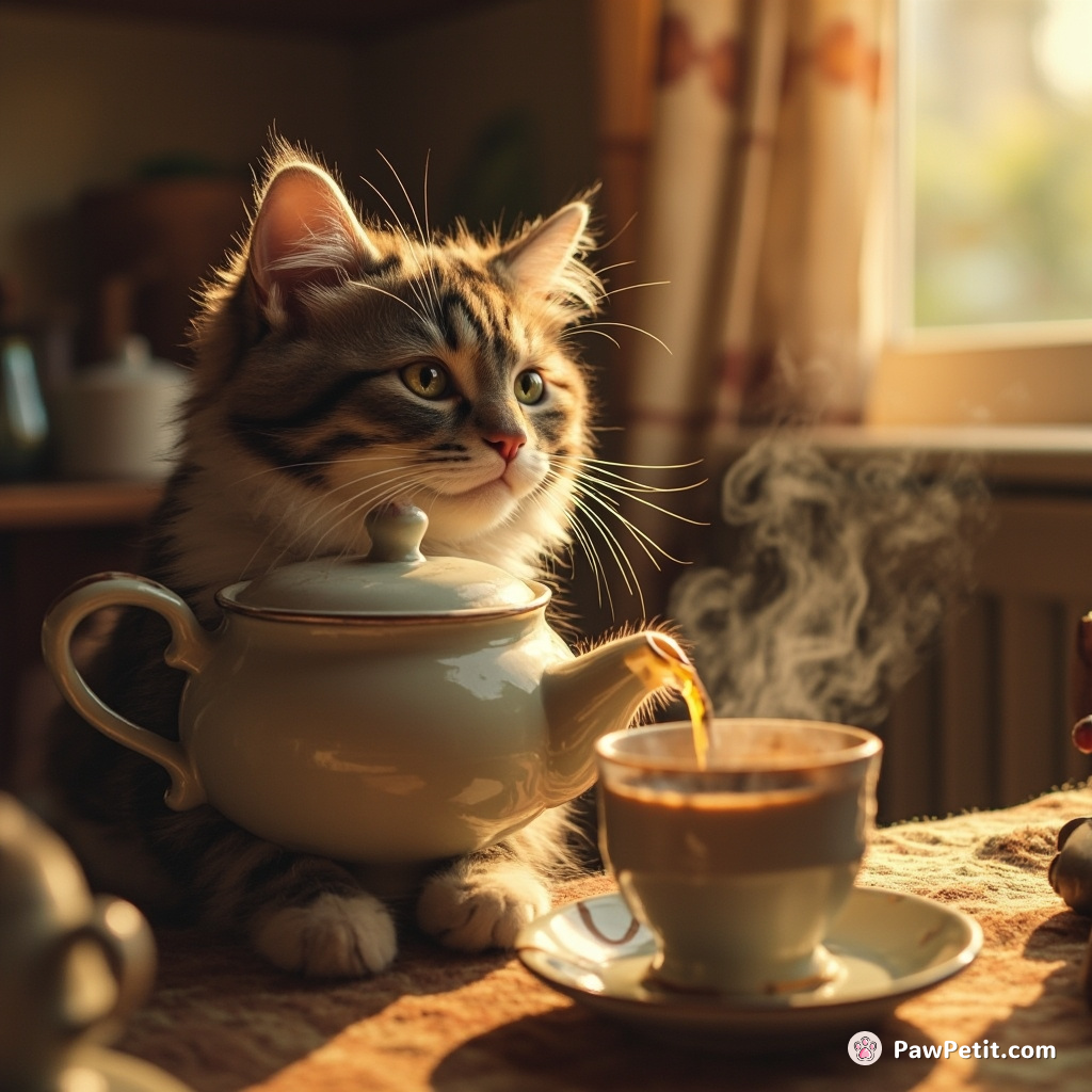Cat attempts to brew coffee in a teapot, believing it's a vital human morning ritual.
