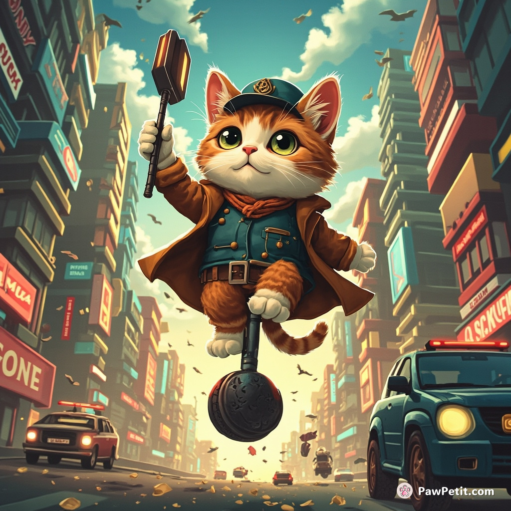 Cat directing traffic in a bustling metropolis, whilst riding on a pogo stick.