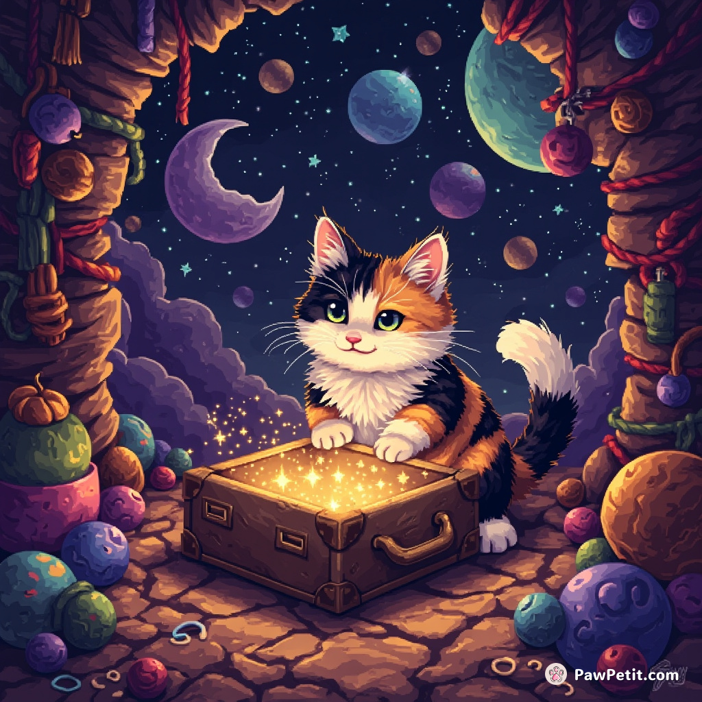 A superbly plush, calico cat haggling in an alien marketplace over a shining constellation contained within a battered satchel.