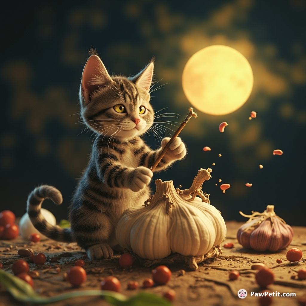 Cat furiously scribbling on a garlic bulb with a quill pen under watermelon-moonlight.