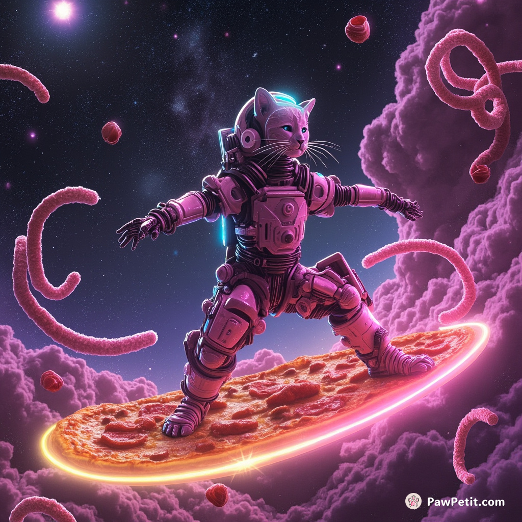 Cybernetic cat surfing on a cosmic pizza through galaxies of gummy worm nebulas.