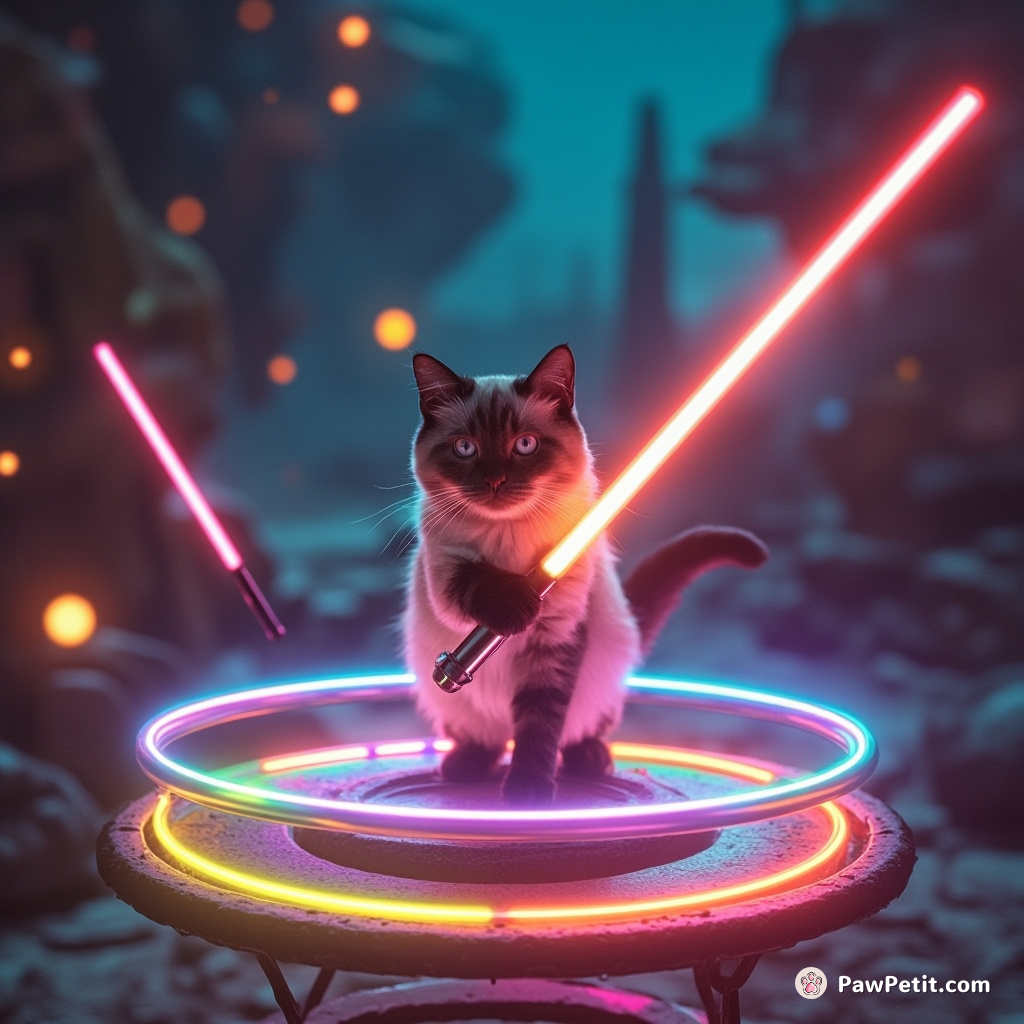 A siamese cat, wielding a glowing neon lightsaber, balances precariously on a floating hypnosis spiral ejecting rainbow stars in an undiscovered alien safari park.