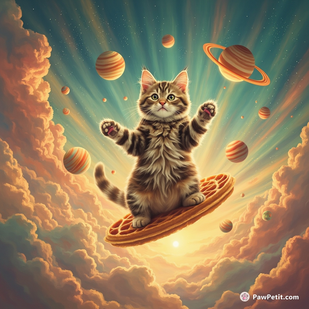 A cat soaring through a psychedelic cloud on a flying waffle, juggling mini Saturn-like planets.