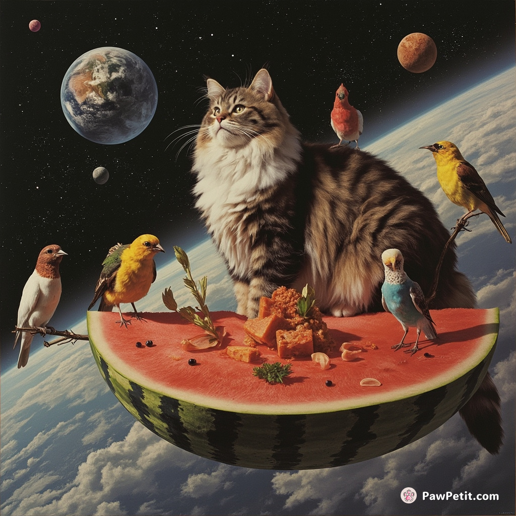 Cat hosting a grand feast for perched conversational birds on its impossibly long tail, atop a floating watermelon in space.