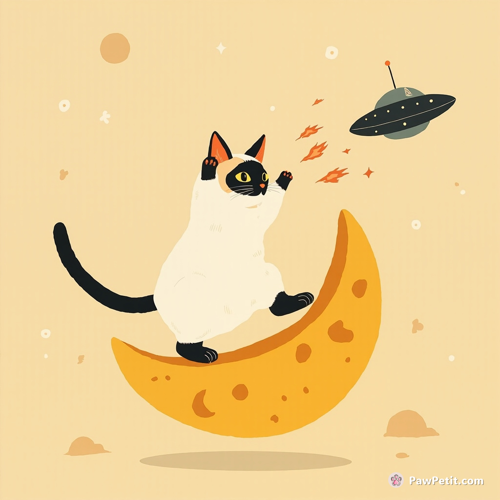 A Siamese cat bouncing on a cheese moon with kangaroo feet, hurling fireballs at a UFO.