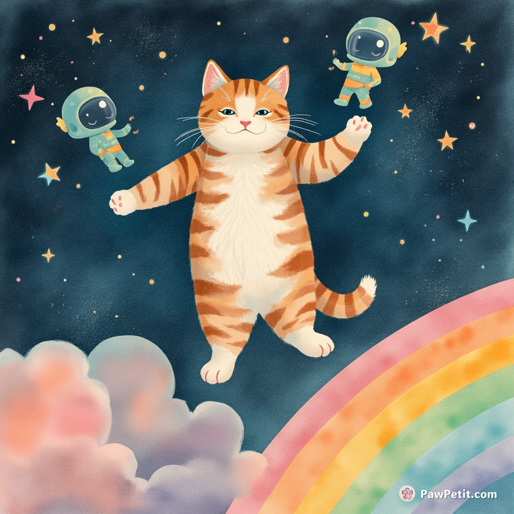 A cat moonwalking on a rainbow in outer space, juggling miniature aliens.