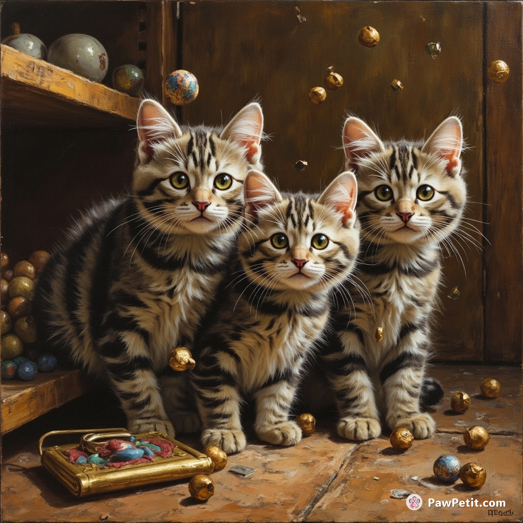 Cats stealthily knock objects off shelves, watching them fall with curious, gleaming eyes.