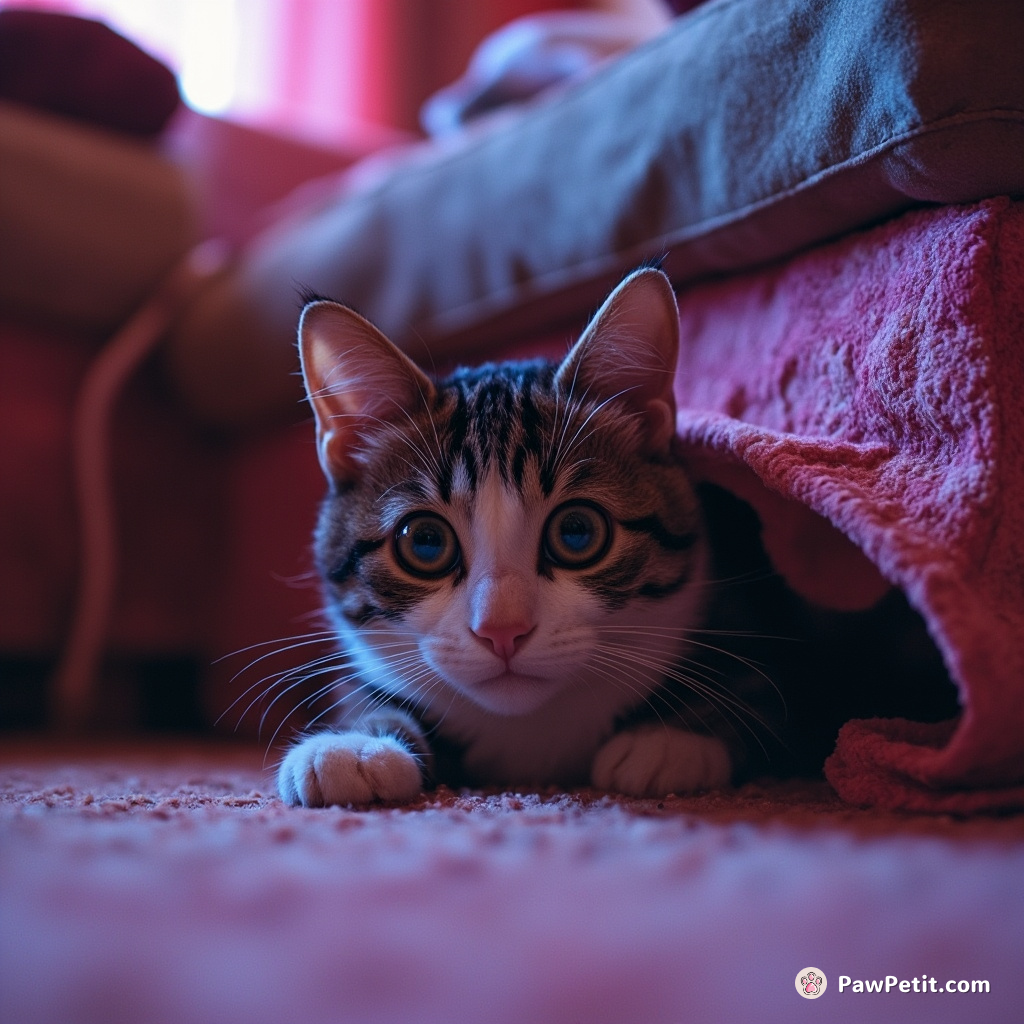 The cat darts under a nearby sofa, seeking refuge from the chaos with wide, alert eyes.