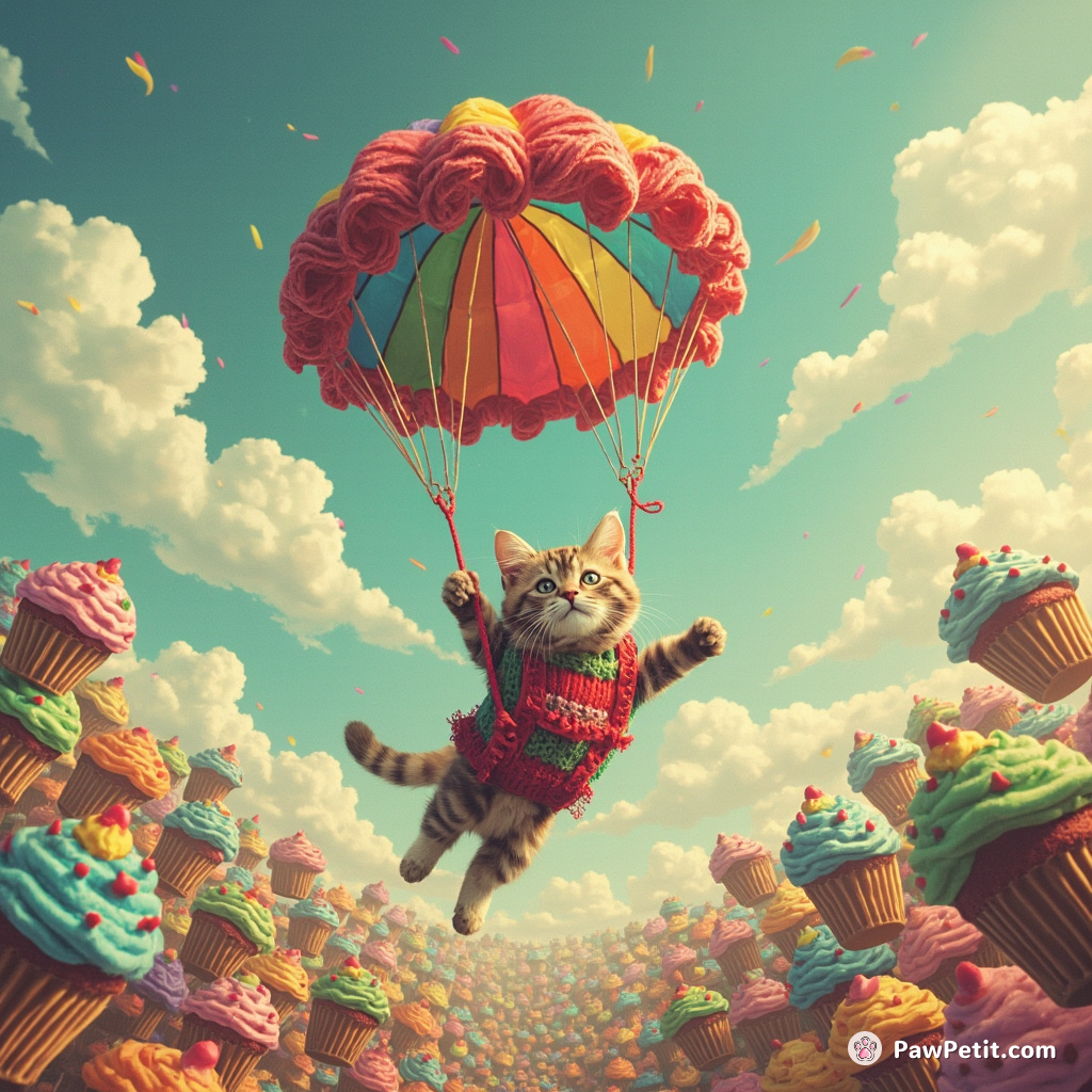 Cat skydiving over a city of oversized cupcakes, with its rainbow parachute made of yarn.