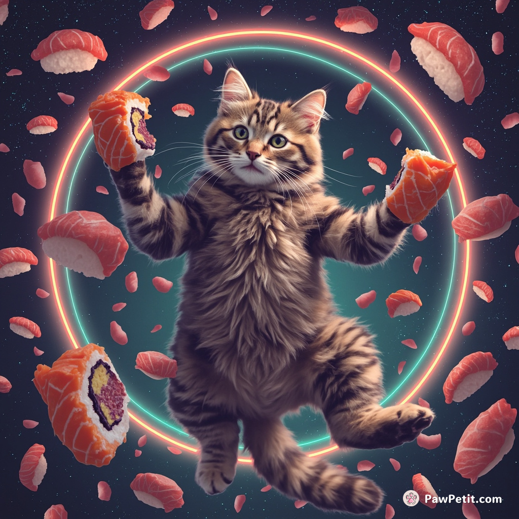 Cat imitating famous Leonardo da Vinci's Vitruvian Man pose in zero gravity among floating neon sushi.