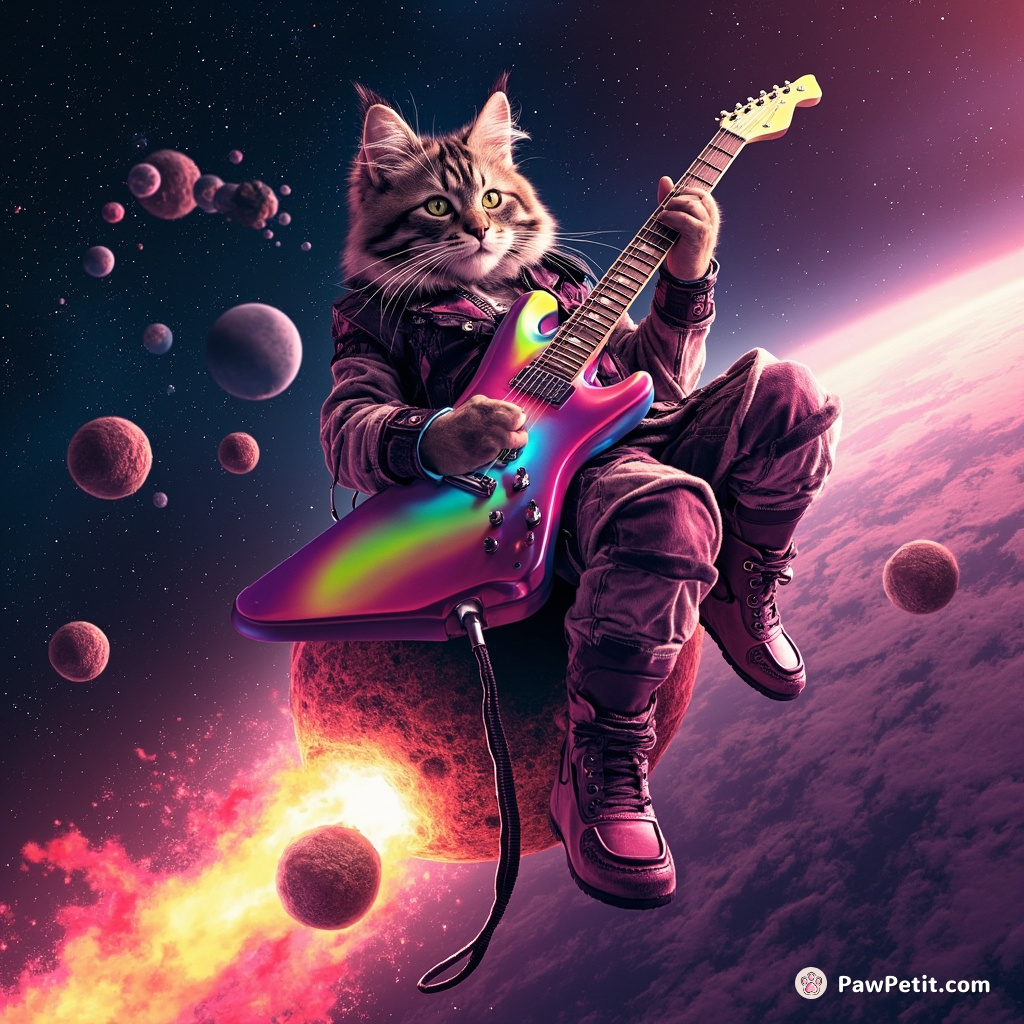 A futuristic heavy metal cat shredding a rainbow electric guitar atop an asteroid rocketing through neon stained space.
