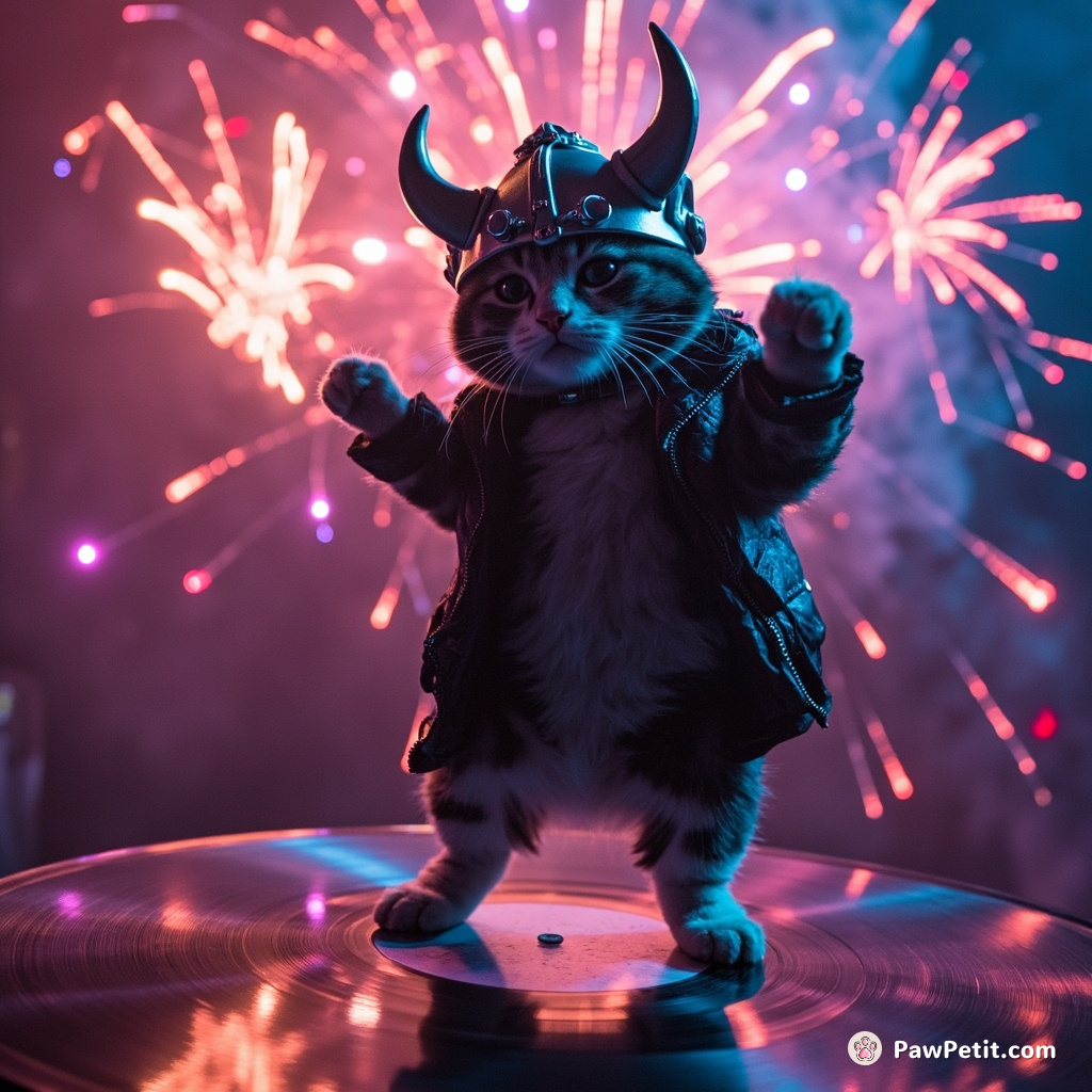 Cat wearing a Viking helmet, breakdancing on spinning vinyl with fireworks in the background.
