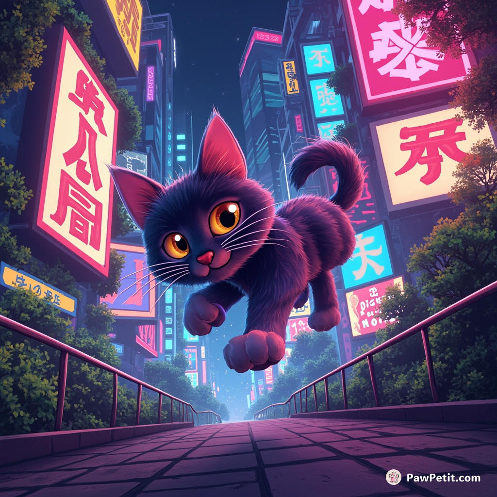 A sleek tabby leaps between neon billboards, its tail brushing futuristic vines as it sprints across a skywalk.