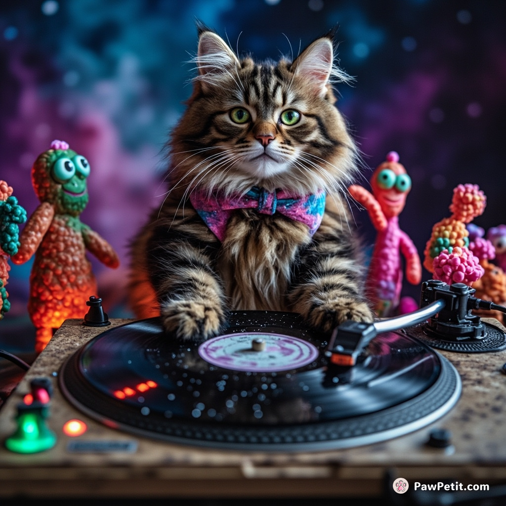 Cat DJing celestial music on a moon-crusted turntable to dancing alien cacti in an astral disco.