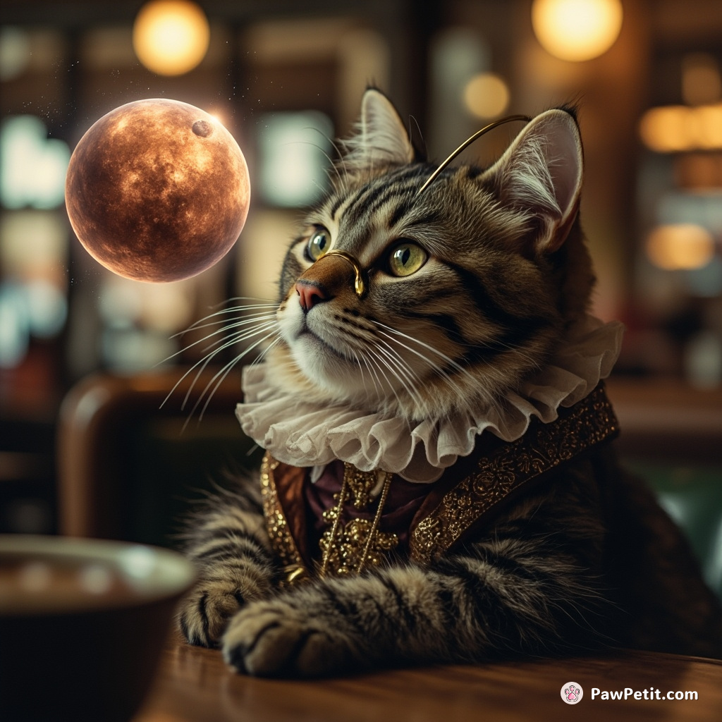 A cat philosophically contemplating a levitating galaxy in a Starbucks cafe, whilst wearing a Renaissance-era ruff and monocle.