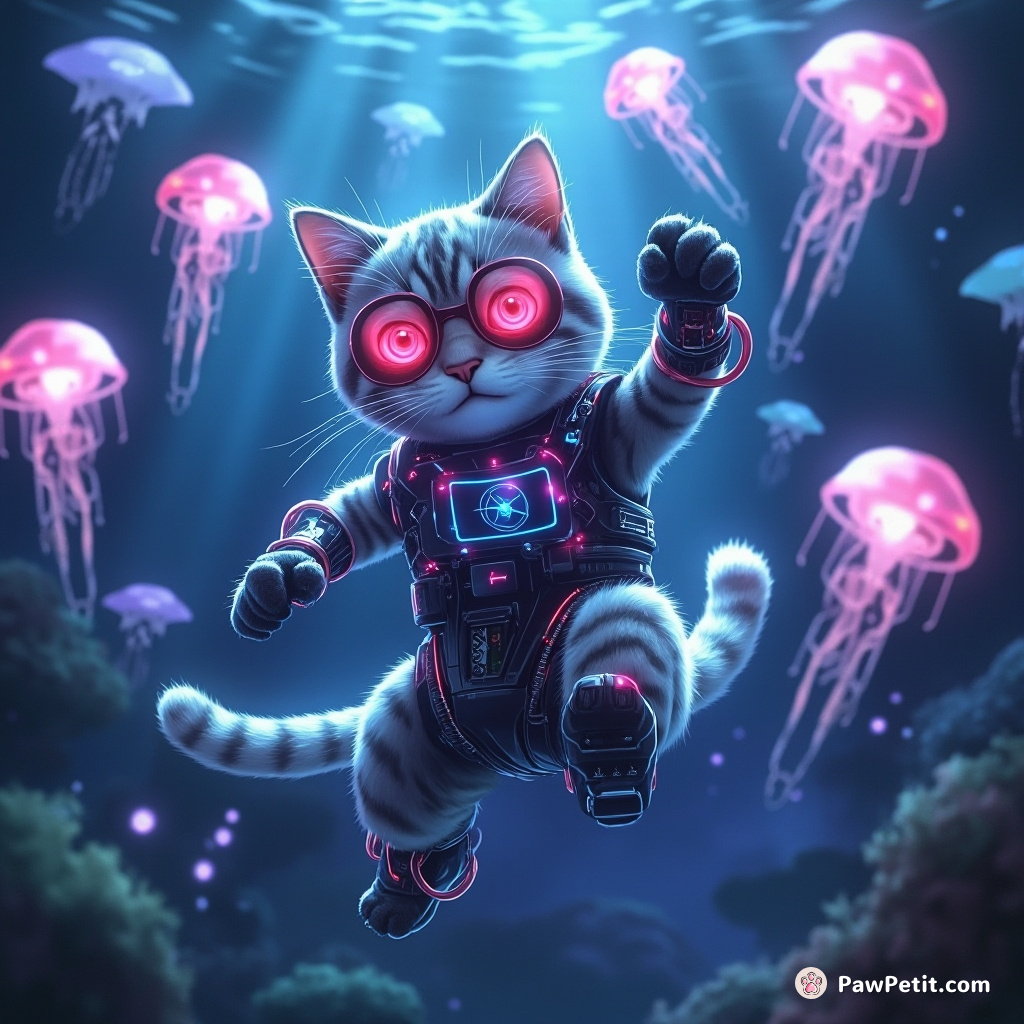 Cybernetic Cat dancing at an underwater disco, surrounded by glowing jellyfish.