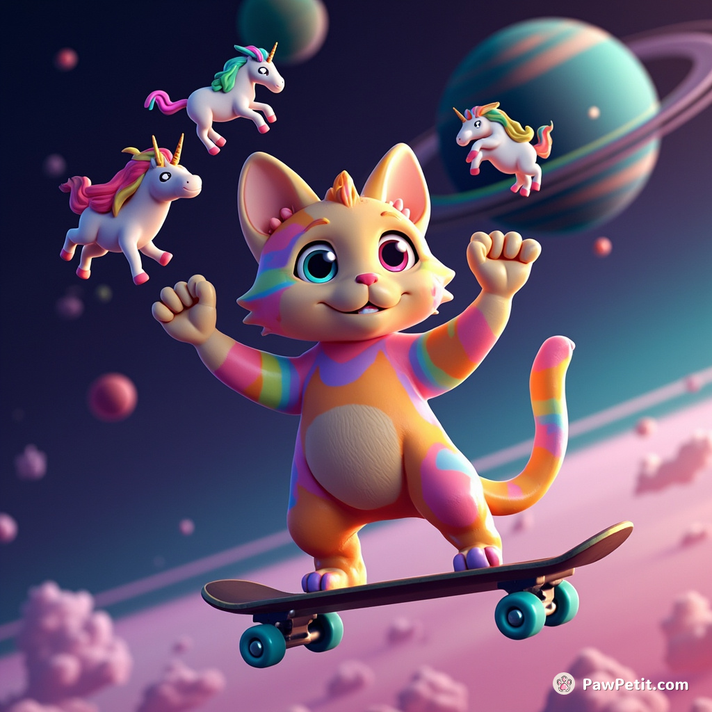 A psychedelic tie-dyed cat juggling miniature unicorns on a levitating skateboard above the rings of Saturn.