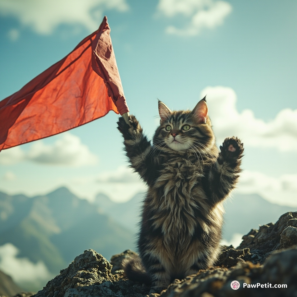 A summit-mounting feline unfurls his makeshift flag at Mount Litterbox's peak, paw-clapping in lungfuls of stinky triumph.